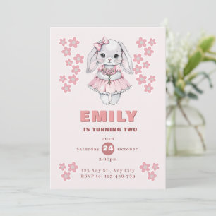 Cute Konijn Wordt Twee Meisje 2e Verjaardagsuitnod Kaart