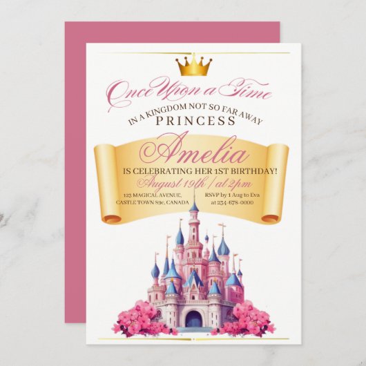 Cute Koninklijk Kasteel Prinses 1e Verjaardagsfees Kaart (Voorkant / Achterkant)