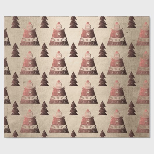 Cute koperroos gouden kerstboomstructuur beer cadeaupapier (Vlak)