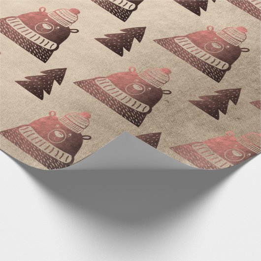 Cute koperroos gouden kerstboomstructuur beer cadeaupapier (Hoek)
