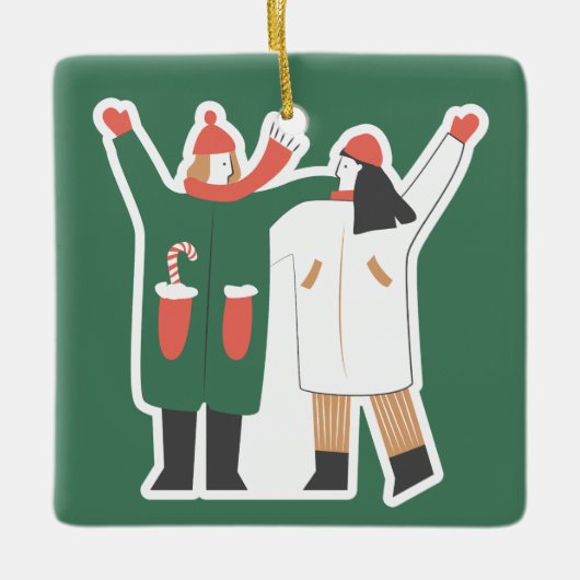 Cute Koppel Winter Illustratie Aangepaste Naam Keramisch Ornament (Voorkant)