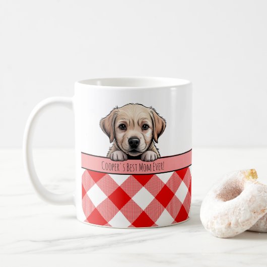 Cute Labrador Puppy Best Dog Mom Red Gingham Koffiemok (Met donut)