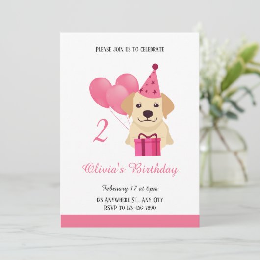 Cute Labrador Retriever Girl Birthday Invitation Kaart (Staand voorkant)