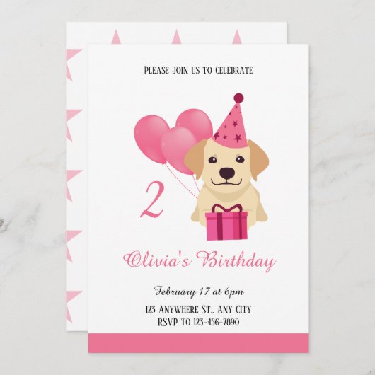 Cute Labrador Retriever Girl Birthday Invitation Kaart (Voorkant / Achterkant)
