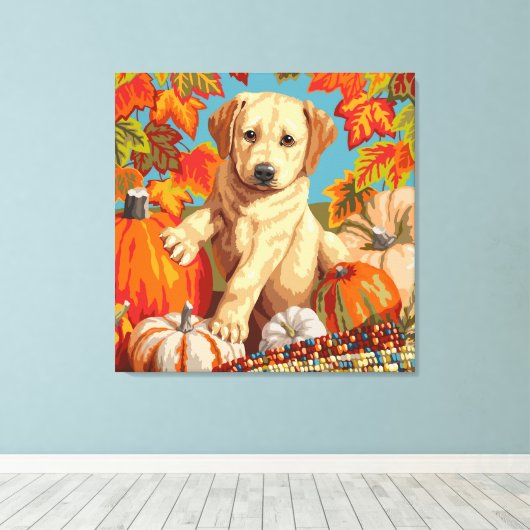 Cute Labrador Retriever Puppy Autumn Harvest Canvas Afdruk (Insitu (Houten vloer))