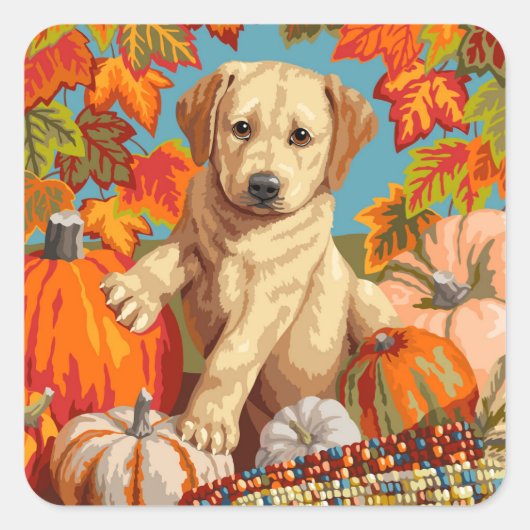 Cute Labrador Retriever Puppy Autumn Harvest Vierkante Sticker (Voorkant)