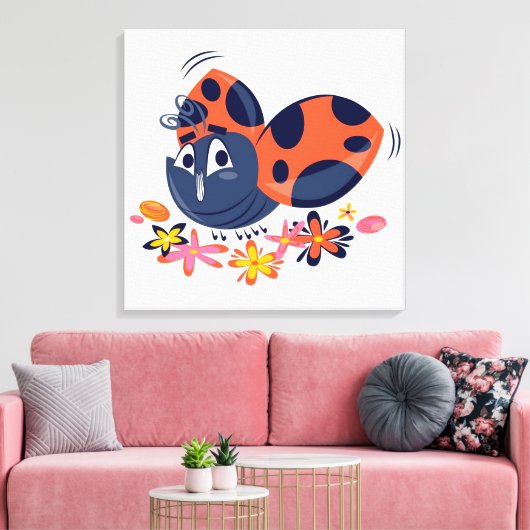 Cute Lady Bug en Flowers Canvas Print (Insitu (Woonkamer))