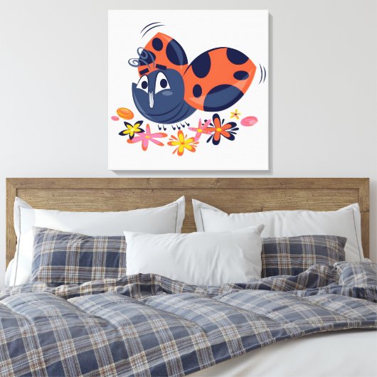 Cute Lady Bug en Flowers Canvas Print (Insitu (Slaapkamer))
