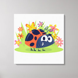 Cute Lady Bug en Flowers Canvas Print