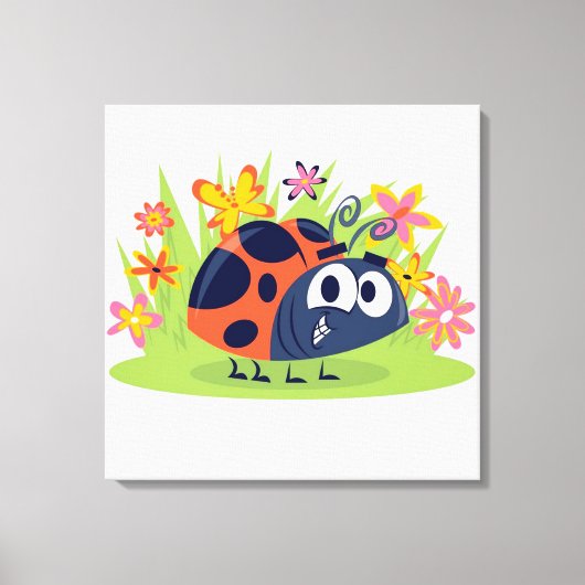 Cute Lady Bug en Flowers Canvas Print (Voorkant)