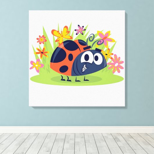 Cute Lady Bug en Flowers Canvas Print (Insitu (Houten vloer))