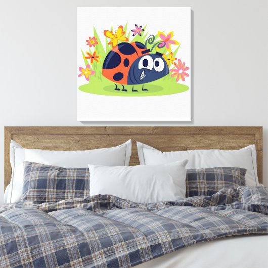 Cute Lady Bug en Flowers Canvas Print (Insitu (Slaapkamer))