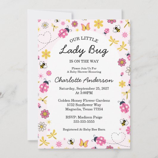 Cute Lady Bug Pink Girl Baby Shower Kaart (Voorkant)