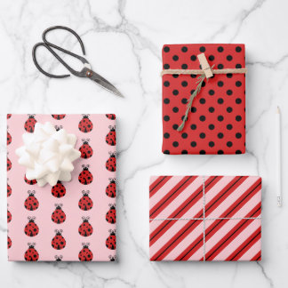 Cute Lady Bugs Polka Dots Pink Stripes Inpakpapier Vel