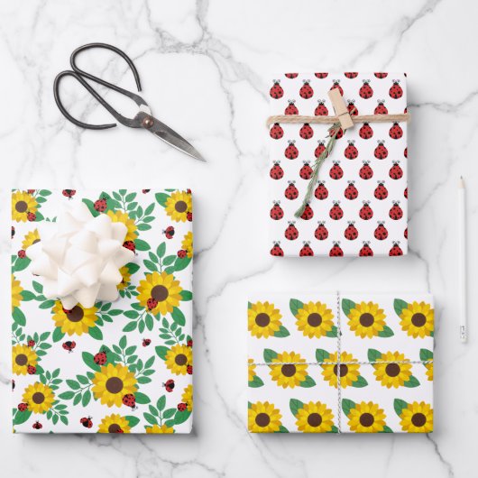Cute Lady Bugs & Sunflower Patronen Inpakpapier Vel (Voorkant)