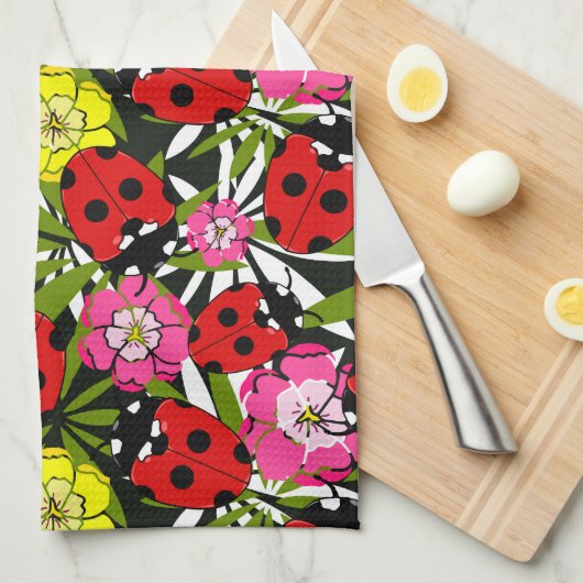 Cute Ladybird and Flowers Pattern Theedoek (Quarter Fold)