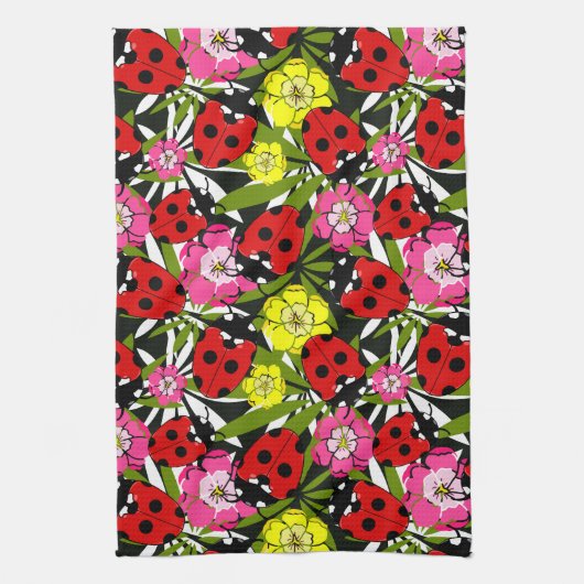 Cute Ladybird and Flowers Pattern Theedoek (Verticaal)