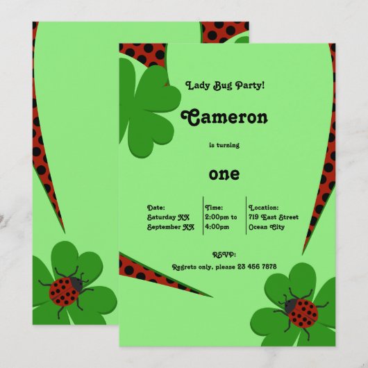 Cute Ladybug 1st Birthday Party Invitation Kaart (Voorkant / Achterkant)