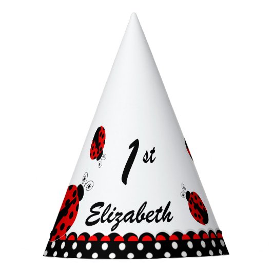 Cute Ladybug 1st Birthday Polka Dots Name | Nummer Feesthoedjes (Voorkant)