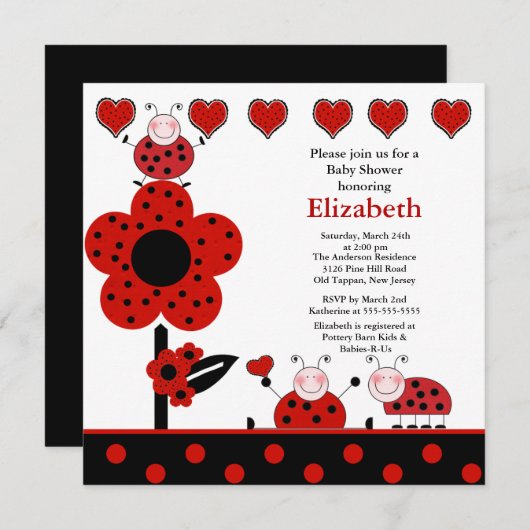 Cute Ladybug Baby shower Invitation Kaart (Voorkant / Achterkant)