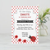 Cute Ladybug Birthday Invitation Red Polkadot Kaart (Staand voorkant)
