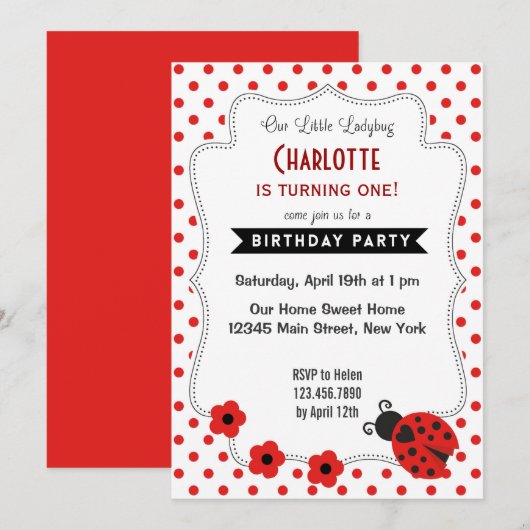 Cute Ladybug Birthday Invitation Red Polkadot Kaart (Voorkant / Achterkant)