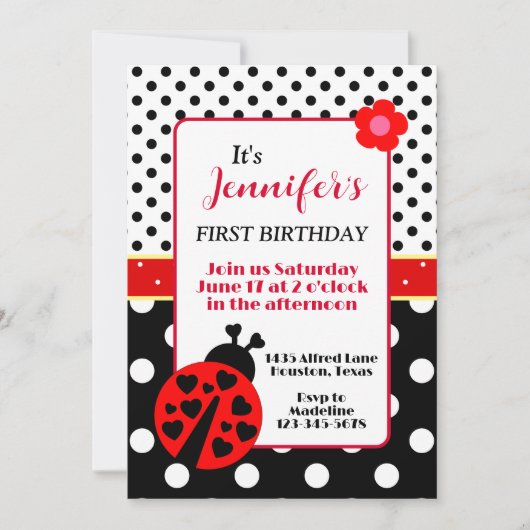 Cute Ladybug Birthday Party Invitation Kaart (Voorkant)