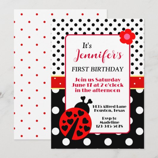 Cute Ladybug Birthday Party Invitation Kaart (Voorkant / Achterkant)
