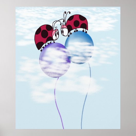 Cute Ladybug en Colorful Balloons Cartoon Poster (Voorkant)