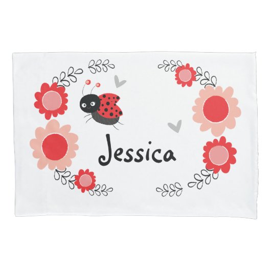 Cute Ladybug en Flowers Red en Black Kussensloop (Voorkant)
