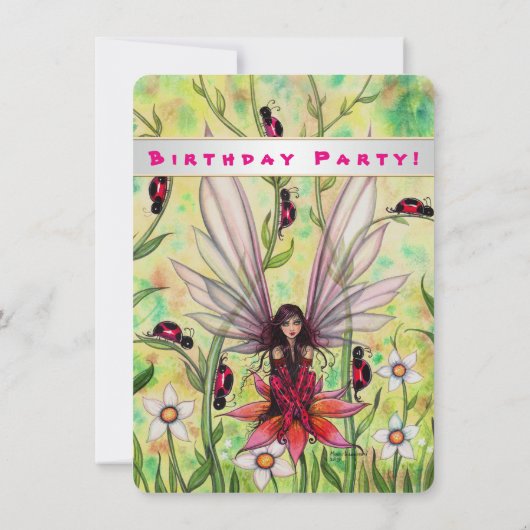 Cute Ladybug Fairy Fantasy Girls Birthday Invite Kaart (Achterkant)