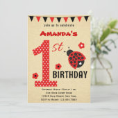 Cute Ladybug First Birthday Invitation Kaart (Staand voorkant)