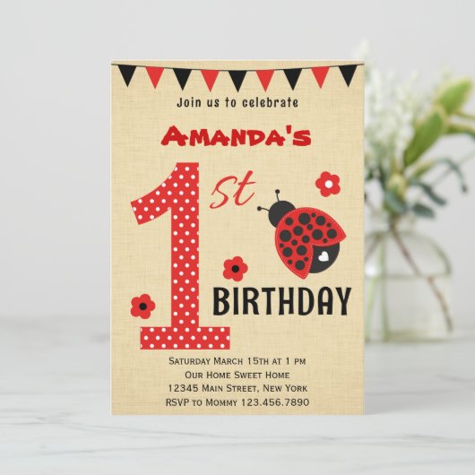 Cute Ladybug First Birthday Invitation Kaart (Staand voorkant)
