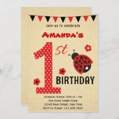 Cute Ladybug First Birthday Invitation Kaart (Voorkant / Achterkant)