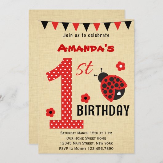 Cute Ladybug First Birthday Invitation Kaart (Voorkant / Achterkant)