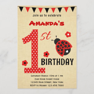Cute Ladybug First Birthday Invitation Kaart