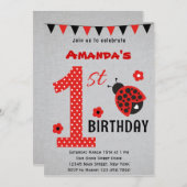 Cute Ladybug First Birthday Invitation Kaart (Voorkant / Achterkant)