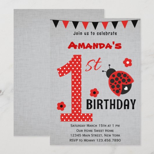 Cute Ladybug First Birthday Invitation Kaart (Voorkant / Achterkant)