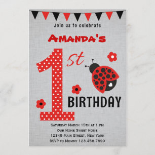 Cute Ladybug First Birthday Invitation Kaart