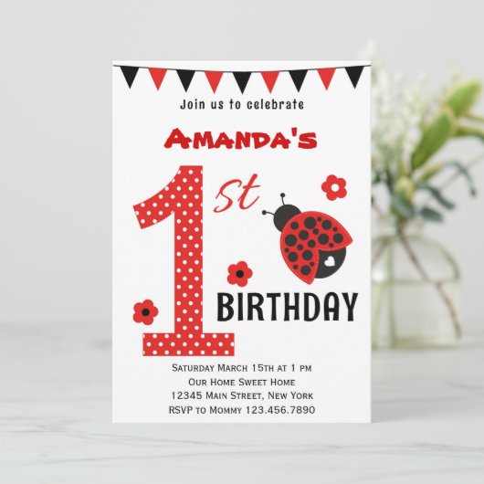 Cute Ladybug First Birthday Invitation Kaart (Staand voorkant)