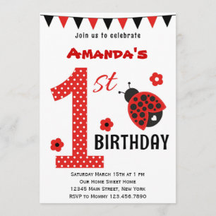 Cute Ladybug First Birthday Invitation Kaart