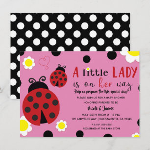 Cute Ladybug Flower Pink Girls Baby shower Invitat Kaart