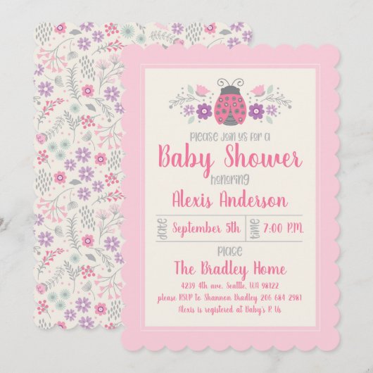 Cute Ladybug Girl Baby shower Invitation Kaart (Voorkant / Achterkant)