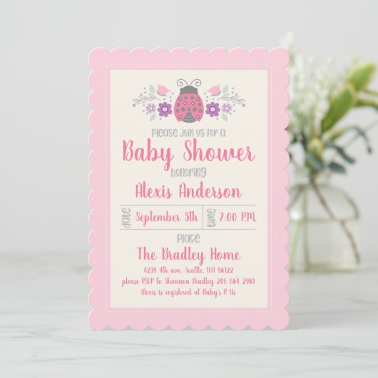Cute Ladybug Girl Baby shower Invitation Kaart (Staand voorkant)
