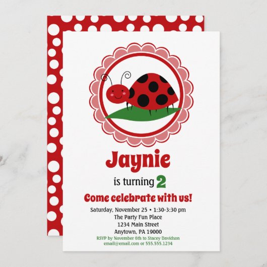 Cute Ladybug Girls Birthday Invitation Kaart (Voorkant / Achterkant)