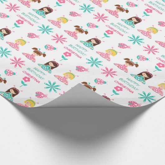 Cute Ladybug Girls Persoonlijke verjaardag Cadeaupapier (Hoek)
