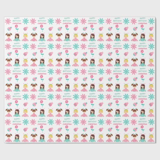 Cute Ladybug Girls Persoonlijke verjaardag Cadeaupapier (Vlak)