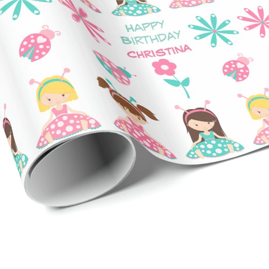Cute Ladybug Girls Persoonlijke verjaardag Cadeaupapier (Rol Hoek)