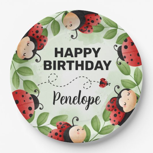 Cute Ladybug Happy Birthday Party Borden Papieren Bordje (Voorkant)