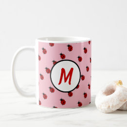 Cute Ladybug Patroonmonogram in Roze en Rood Koffiemok